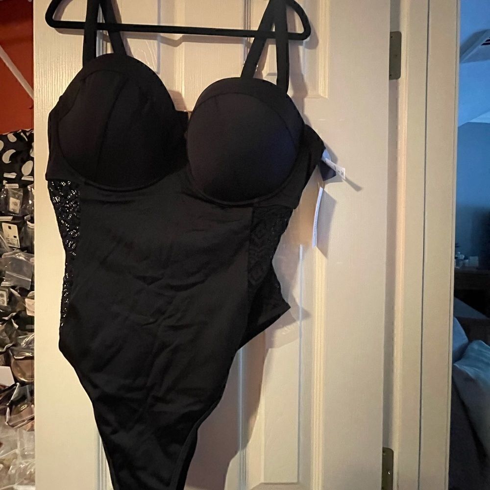 Black Lace One Piece Bathing Suit W/Gold Detail